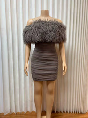 One Shoulder Fuzzy Patchwork Mesh Mini Dress GMYU 10321