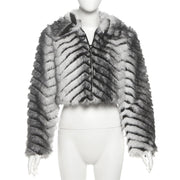 Striped Lapel Zipper Fur Jacket GYME K25C79854