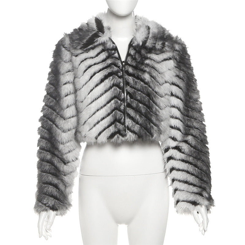 Striped Lapel Zipper Fur Jacket GYME K25C79854