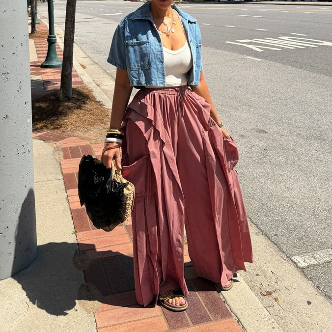 Solid Color Patchwork Wide Leg Pants AIL 350