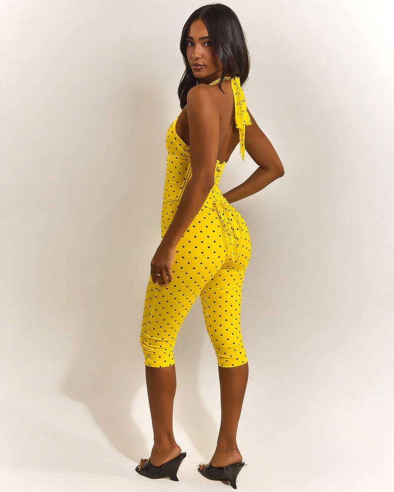 Polka Dots Print Halterneck Tie Up Seventh Jumpsuit TK 6350