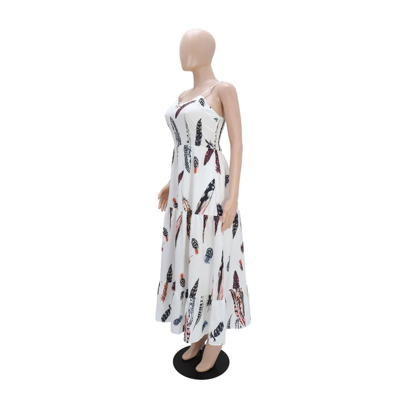 Feather Print Spaghetti Straps Long Dress GYLY 10611