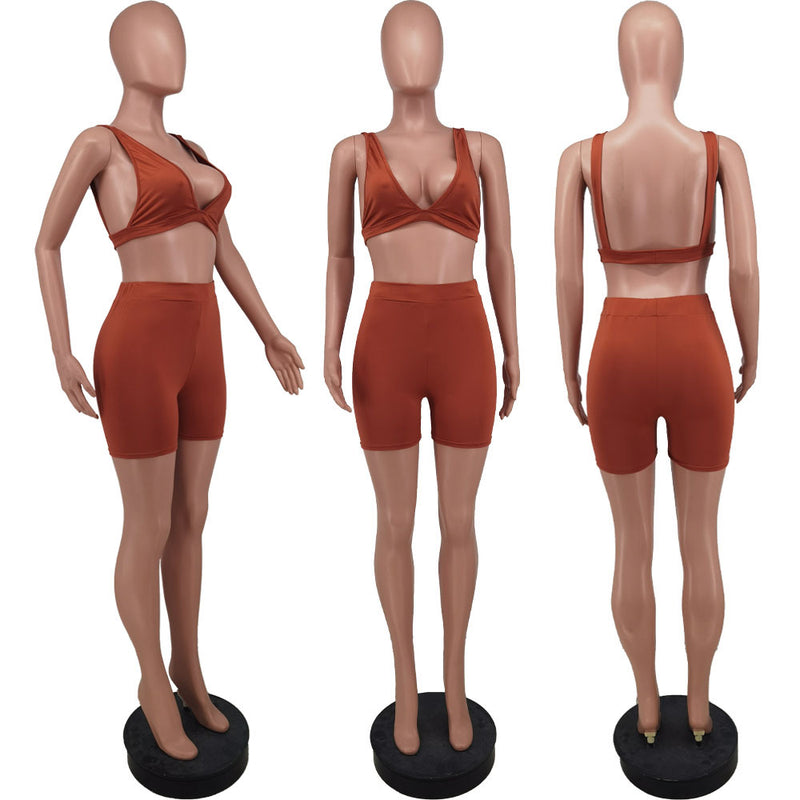Sexy Solid V Neck Sleeveless Two Piece Shorts Set ZDF 31129