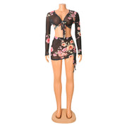 Sexy Mesh Print Long Sleeve Smocked Mini Skirt 2 Piece Set GOSD OS6116