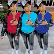 Fashion Color Block Leather Sleeve Baseball Jacket WMEF 20036
