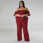 Plus Size Off Shoulder Short Sleeve Wide Leg Jumpsuit NNWF 7797