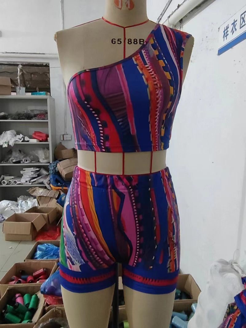 Printed One Shoulder Top Shorts Suit GBGF 2302
