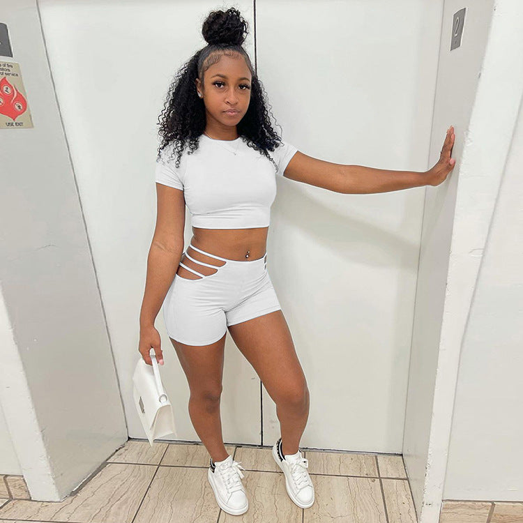 Sexy Solid Short Sleeve Hollow Shorts 2 Piece Sets GLF 7028