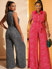 Polka Dot Print Sleeveless Tie Up Jumpsuit QMZF 11221