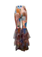 Contrast Color Printed Mesh Ruffle Flared Pants LSD 2115