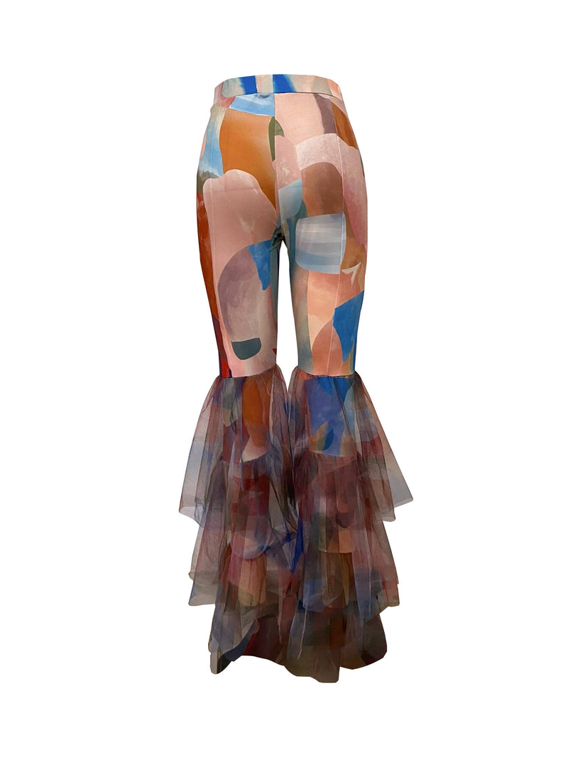 Contrast Color Printed Mesh Ruffle Flared Pants LSD 2115