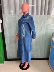 Fashion Holes Long Sleeve Denim Long Coat LX 6017
