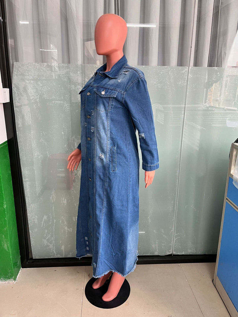 Fashion Holes Long Sleeve Denim Long Coat LX 6017