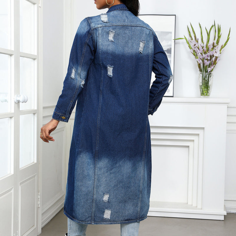 Torn Hole Washed Loose Denim Long Coat GKNF TS 24932