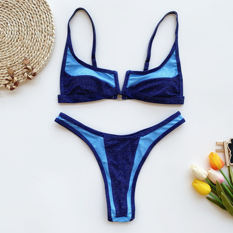 Color Block V Neck Bikinis Two Piece Swimsuit CASF 6073