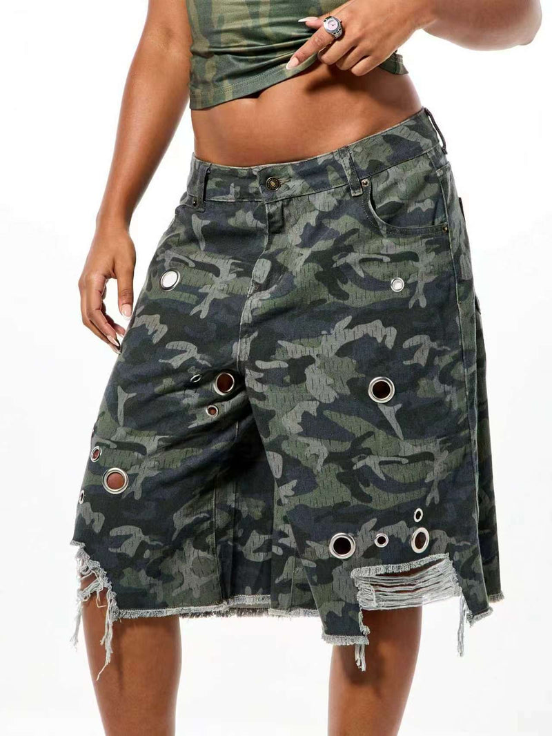 Casual Print Holes Denim Fifth Pants OD 8780