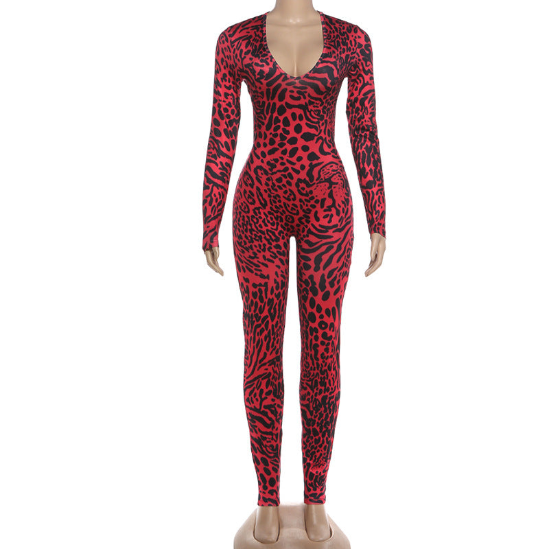 Leopard Print V Neck Tight Jumpsuit GZJQ K6Q01737A