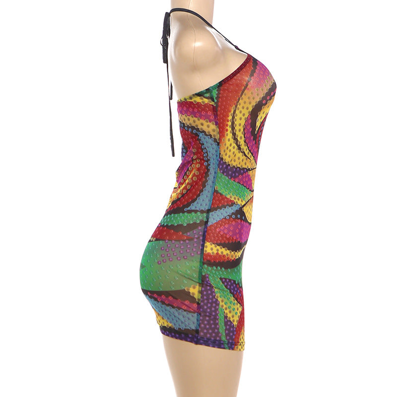 Halterneck Backless Print Mini Dress DLSF K6D08853A