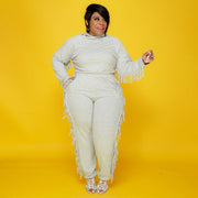 Plus Size Solid Color Hooded Tassel Two Piece Pants Set OSIF 21278