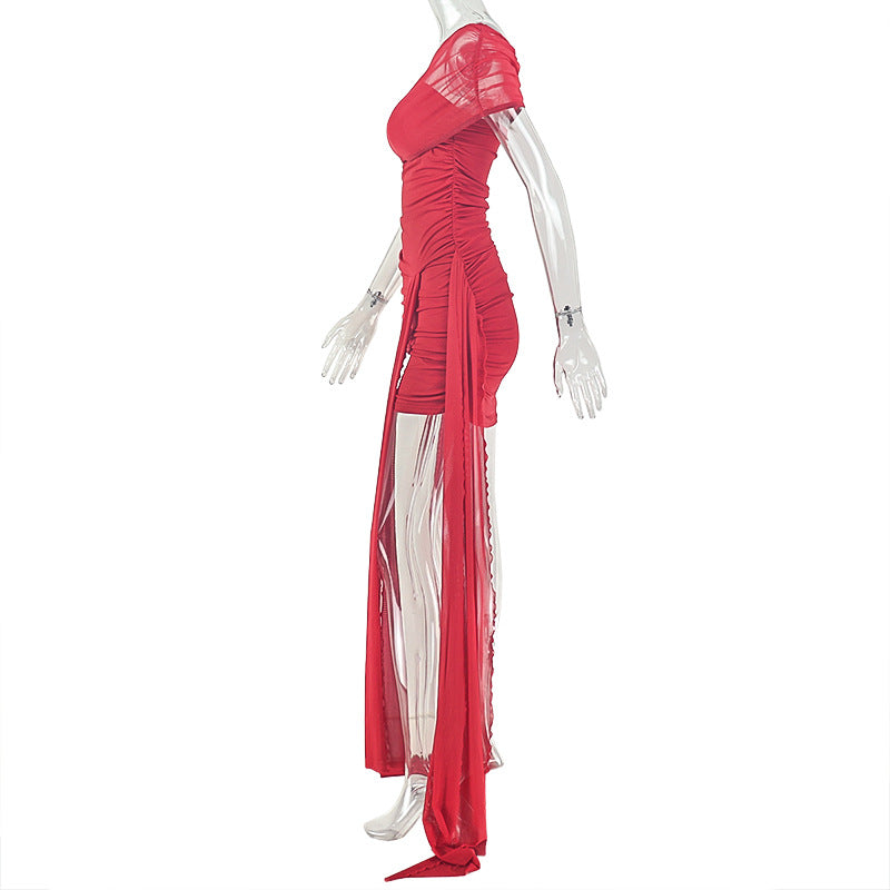 Solid Color Short Sleeve Ruched Mini Dress GJYO JD305656