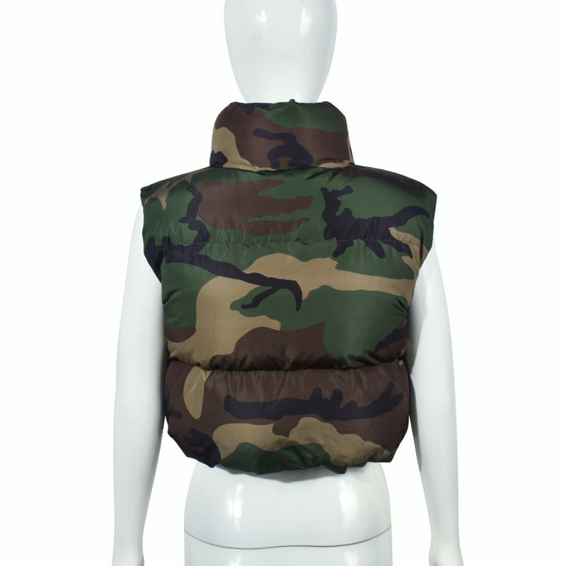 Camouflage Collar Sleeveless Short Cotton Jacket Coat GNZD 9445TD