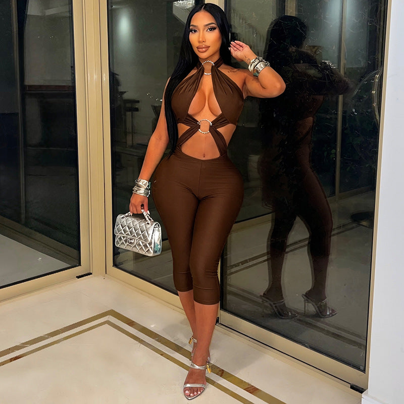 Solid Color Hollow Out Backless Seventh Jumpsuit MXBF C26JP306