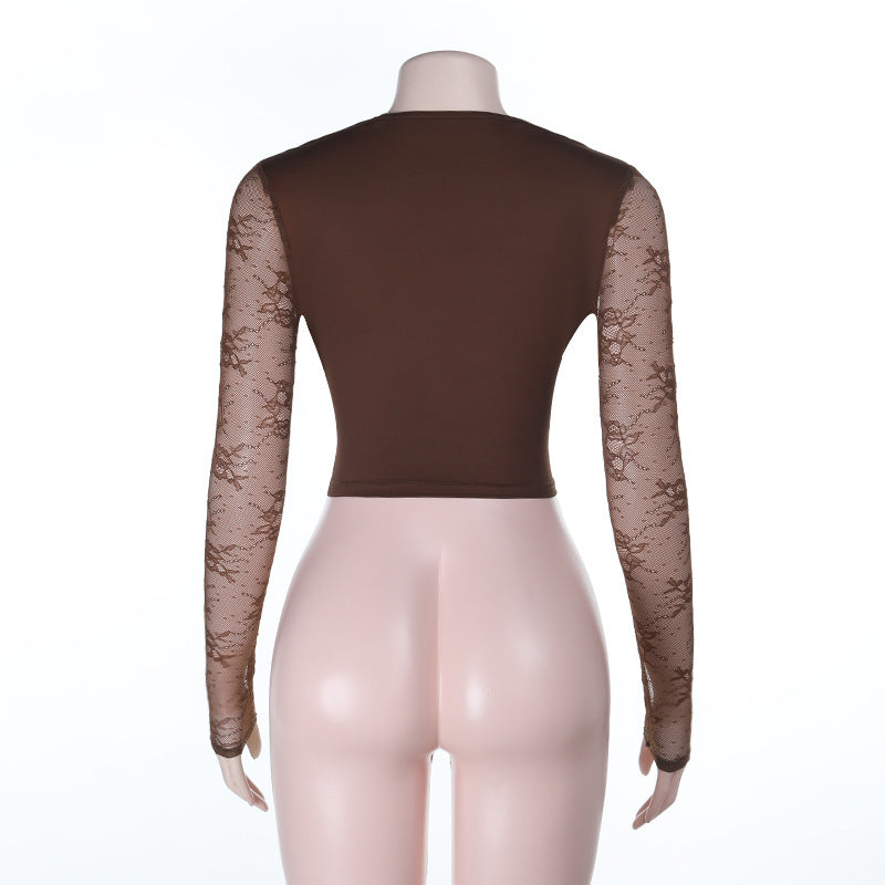 Long Sleeve Lace Halterneck T Shirt FL 25316