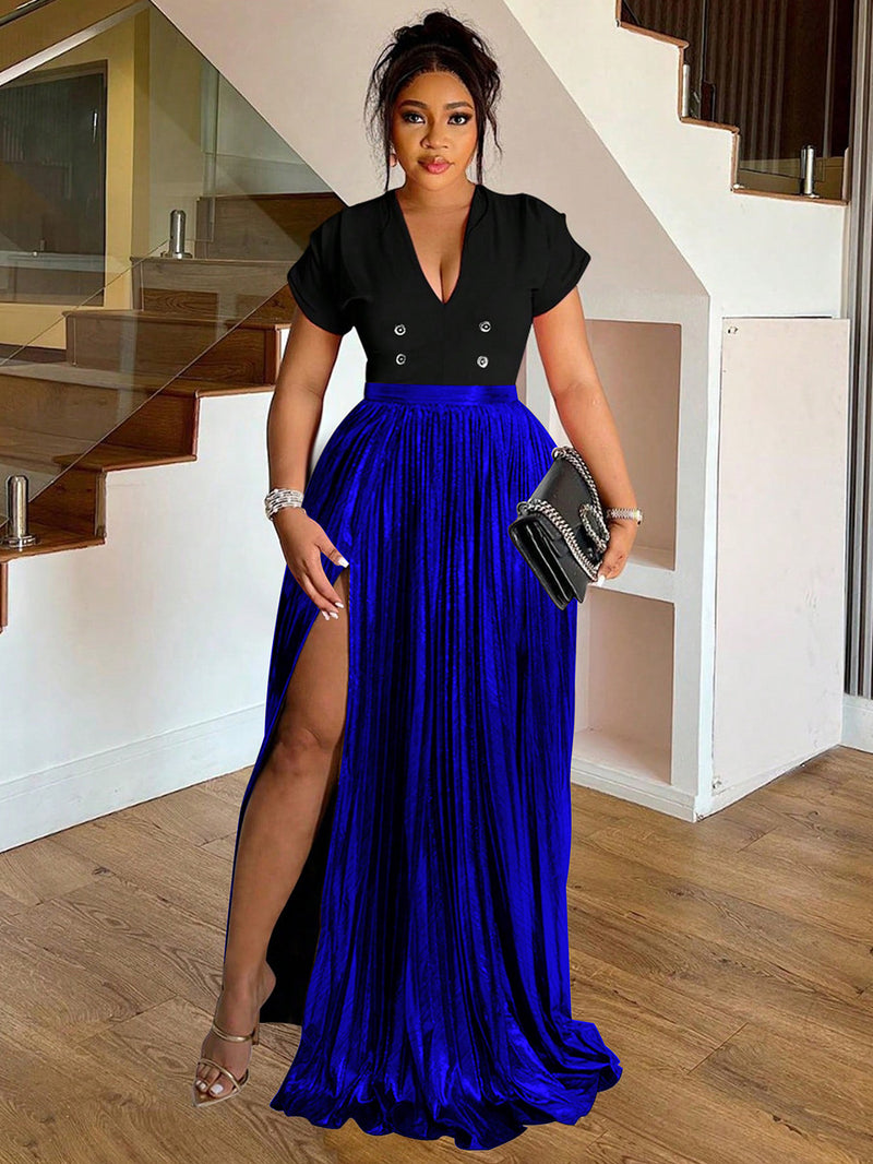 Plus Size Solid Color Press Pleated Split Long Skirts NNWF 6086