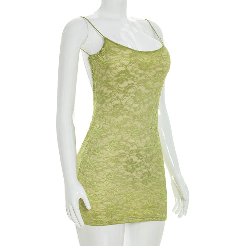 Lace Patchwork Backless Sling Mini Dress GDSF D26DS073