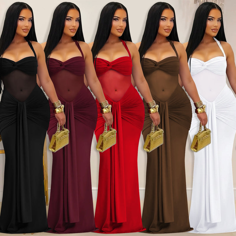 See Through Mesh Solid Color Maxi Dress BY 7608