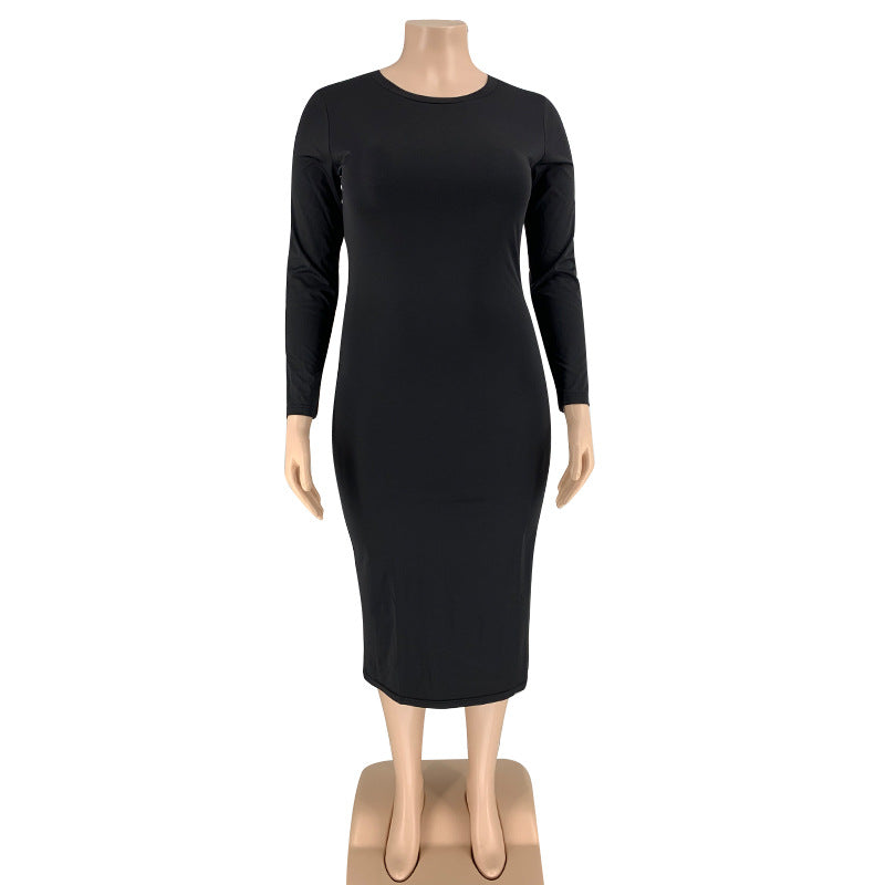 Plus Size 5XL Solid Color Long Sleeve Skinny Bodycon Midi Dress Without Belt OSIF 20972