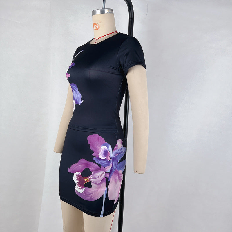 Short Sleeve Print Two Piece Skirts Set GPBY 15452