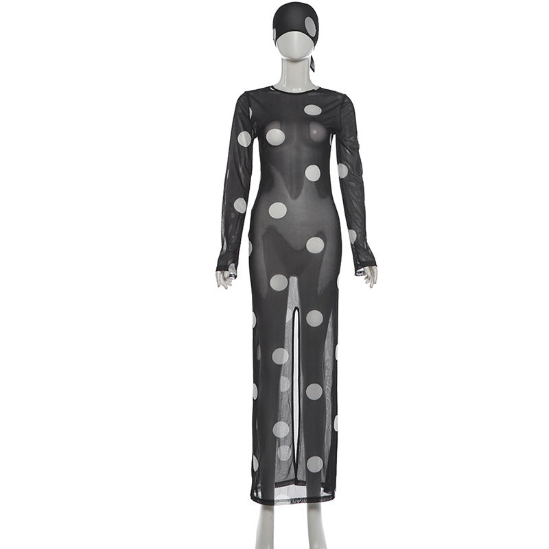 Mesh See Through Print Maxi Dress With Headscarf GZJQ K6S14679A