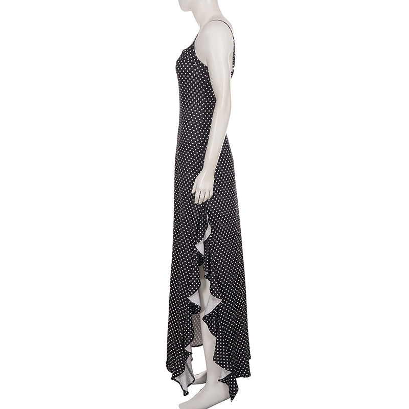 Polka Dot Print Lace Patchwork Sling Maxi Dress GPKJ MR51282
