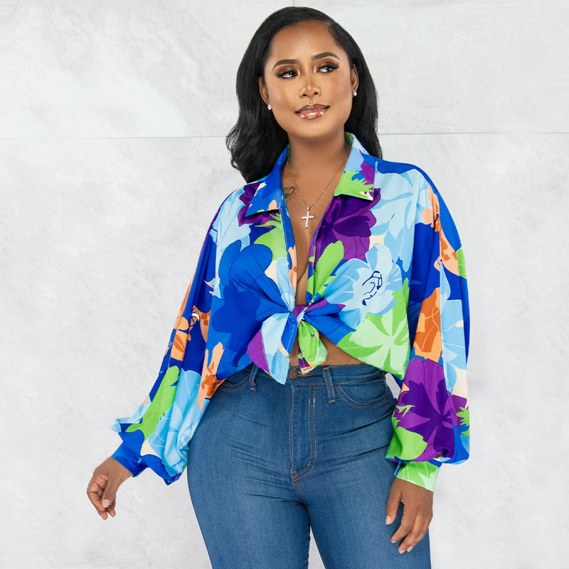 Bat Sleeve Lapel Neck Print Shirt YF 10543