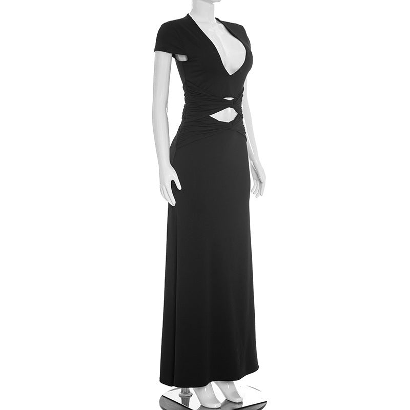 Hollow Out Deep V Neck Maxi Dress GSZM C26DS262