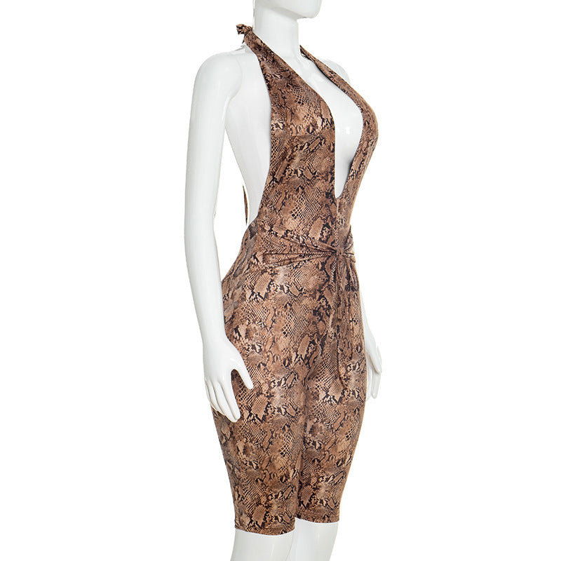 Deep V Neck Snake Print Backless Romper GDSF D26RP009