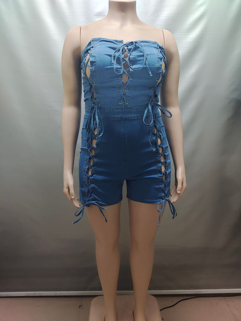 Sexy Wrap Chest Tie Up Denim Romper GAKF 60304