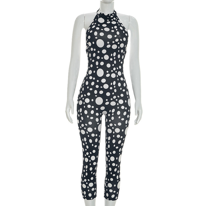 Polka Dots Print Tie Up Backless Jumpsuit GDSF D26JP077
