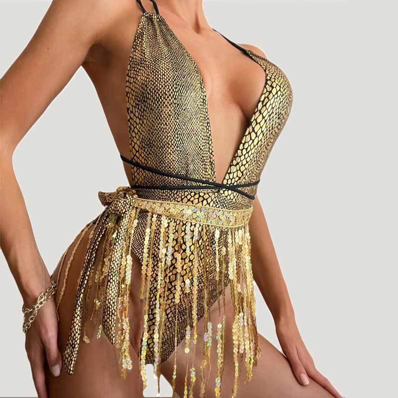 Sexy Deep V Neck Tassel One Piece Swimsuit DYSC DY22A150YYB091513
