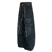 Plus Size Raw Edge Star Print Washed Jeans GYLN 2514