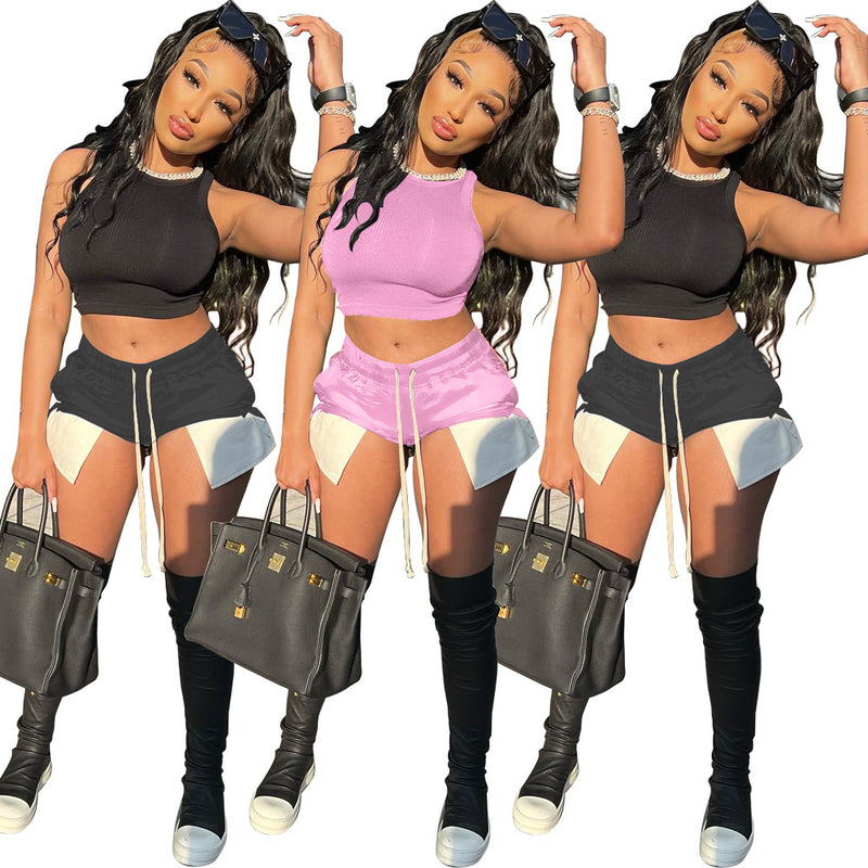 Solid Color Sleeveless T Shirt Two Piece Shorts Set GWLS LD201099