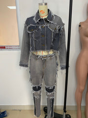 Patchwork Denim Jacket Jeans Pants Two Piece Sets LSD 8773