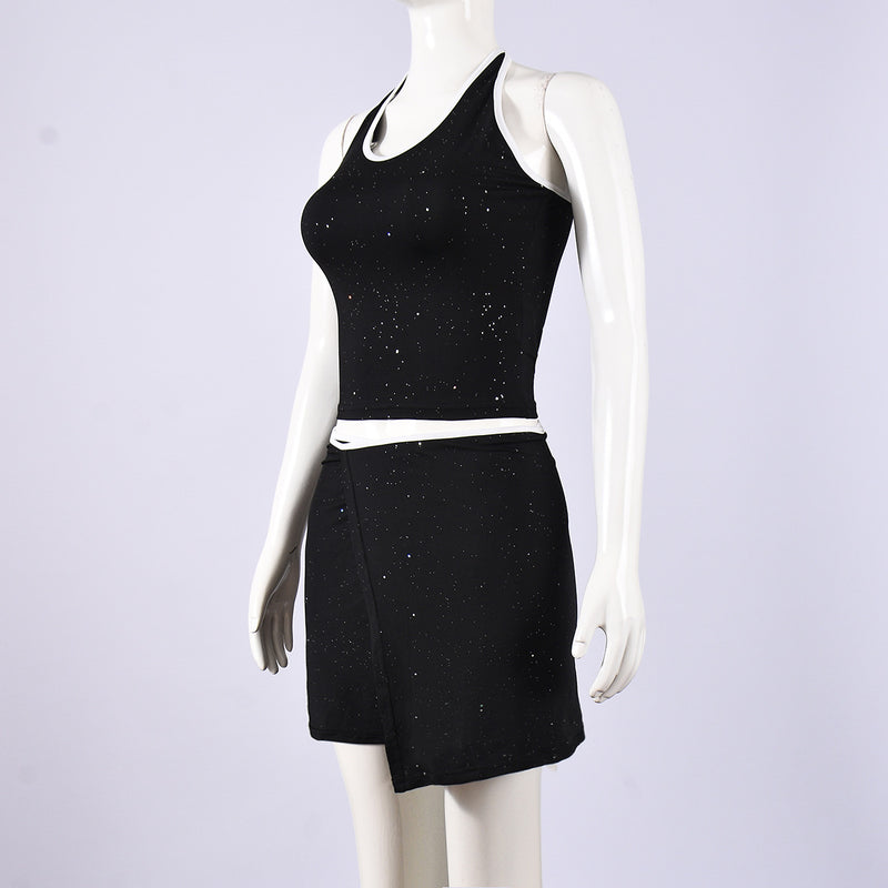 Contrast Color Halterneck Tie Up Two Piece Skirt Set GFRT 51958SBF