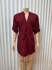 Loose V Neck Tie Up Mini Dress GADE 2546