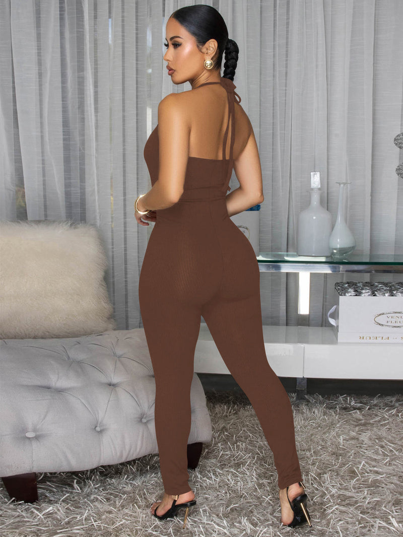 Solid Color Hollow Out Backless Jumpsuit FENF 6056