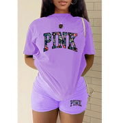 Plus Size PINK Letter Print T shirt And Shorts Two Piece Set GMZD M3111P41