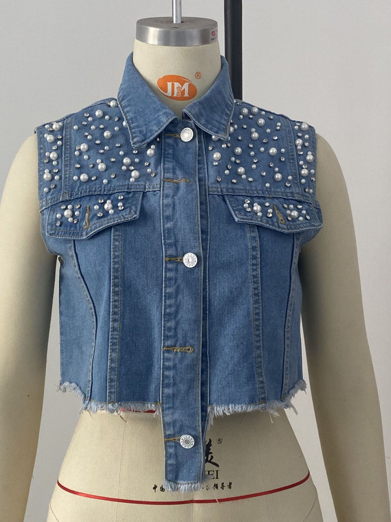 Beaded Diamond Studded Denim Vest Jacket GQDH 1073