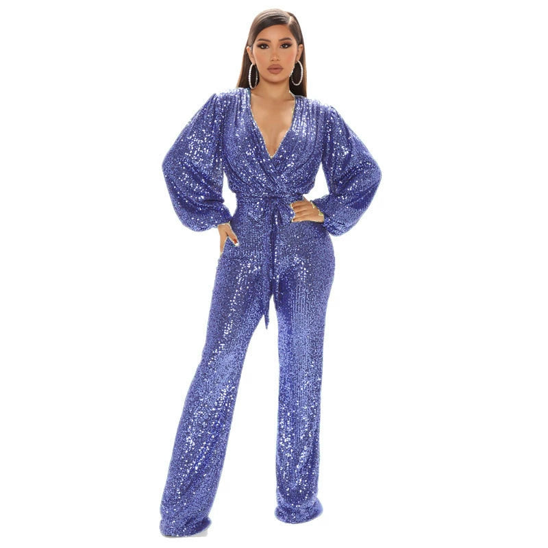 Sequin Deep V Neck Tie Up Jumpsuit GYOM 8794
