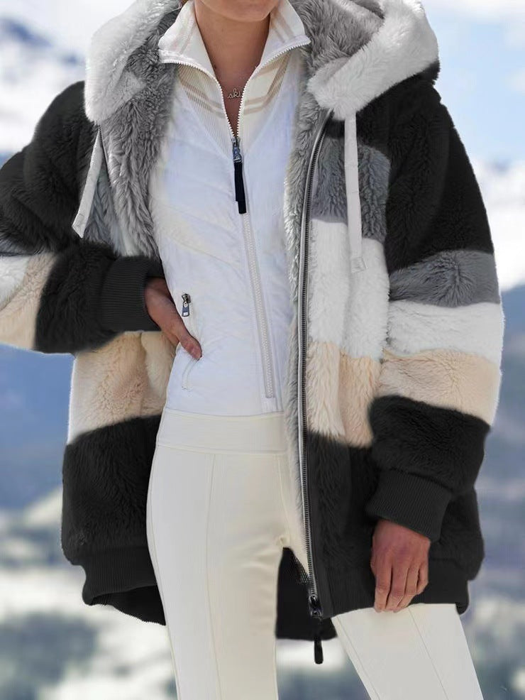 Plus Size Warm Plush Patchwork Zipper Hooded Loose Jacket GOFY 80160